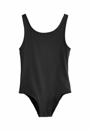 Maillot de bain une pièce noir avec larges bretelles et encolure arrondie.