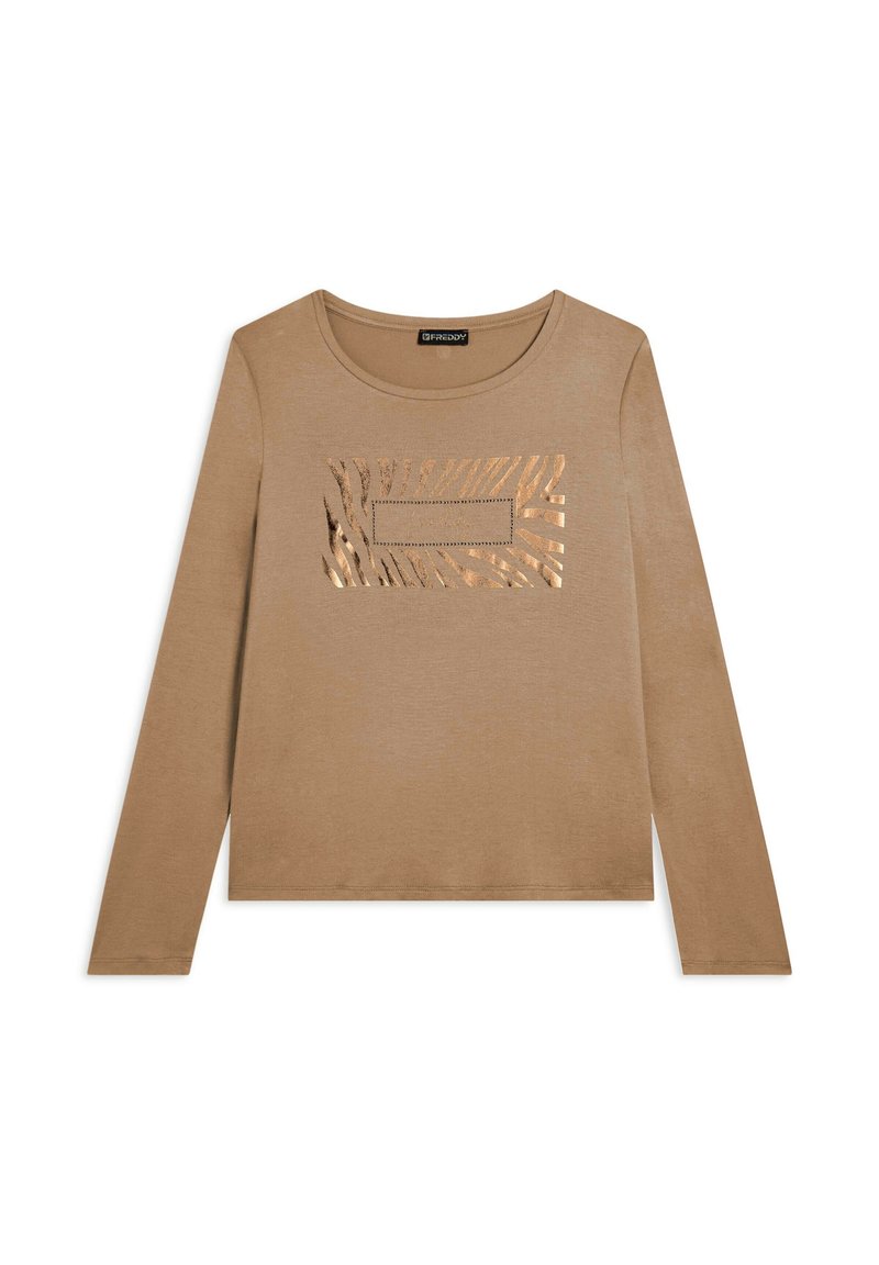 Chemise beige à manches longues avec un col rond. Présente un motif zèbre doré métallique et un accent rectangulaire métallique à l'avant.