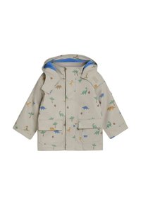 Beige Regenjacke mit einer blauen Innenausstattung, versehen mit einem Dinosaurier-Druck in Grün, Braun und Blau. Mit Fronttaschen und Kapuze.