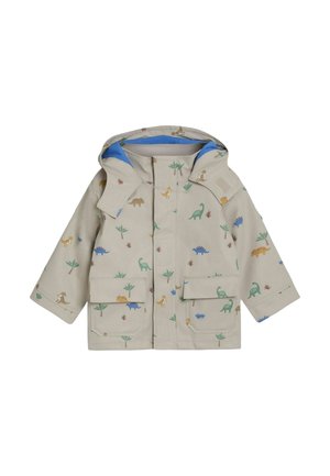 Beige rain jacket with a blue inner lining, featuring a dinosaur print in green, brown, and blue. Includes front pockets and a hood.