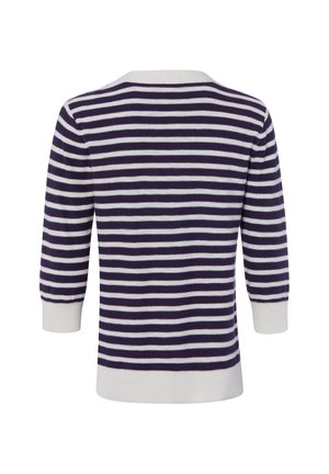 Maglione a righe blu navy e bianco a maniche lunghe con polsini e fascia in vita bianchi, visto da dietro.
