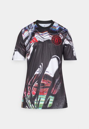 Zwart jersey met korte mouwen met een abstract kleurrijk ontwerp. Voorzien van een ronde hals en een rood Manchester United-logo op de borst.
