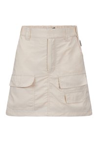 Beige cargorok van lichtgewicht stof, met een elastische tailleband, twee voorste opgestikte zakken en een rechte snit.