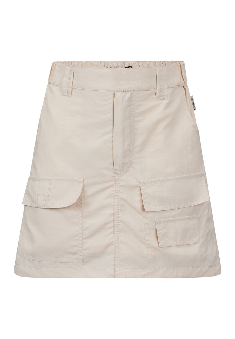 Beige cargorok van lichtgewicht stof, met een elastische tailleband, twee voorste opgestikte zakken en een rechte snit.