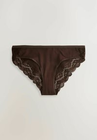 Brūnas kokvilnas apakšbikses ar mežģīņu apdari un viļņotām malām. Materiāls ir gluds, ar sarežģītiem ziedu mežģīņu detalizējumiem sānos.