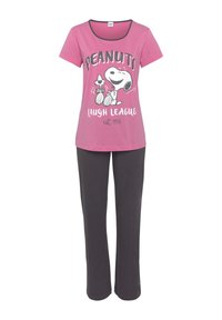 Pink cotton T-shirt with a Snoopy graphic and "PEANUTS LAUGH LEAGUE" text, paired with dark gray cotton pants, straight cut.