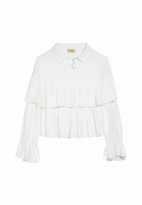 Biała bluzka z kołnierzykiem i falbanami. Posiada długie rękawy z marszczonymi mankietami oraz wiązanie przy szyi. Miękka faktura materiału.
