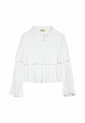 Biała bluzka z kołnierzykiem i falbanami. Posiada długie rękawy z marszczonymi mankietami oraz wiązanie przy szyi. Miękka faktura materiału.