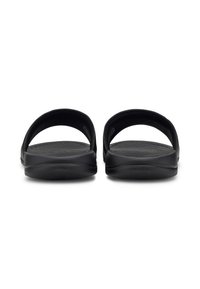 Sorte sandaler med en glat overflade, åben hæl og brede stropper. Ydersålen har et mønstret design for bedre greb. Letvægtig konstruktion.