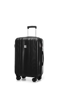 Zwarte hard-shell koffer met gestructureerde ribbels, uitschuifbare handgreep, vier wielen en een zijhandgreep voor gemakkelijke transport. Roestvrijstalen accenten.