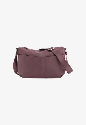 Purple nylon crossbody bag with a zip closure, featuring two front pockets, a flat strap, and subtle stitching detail.