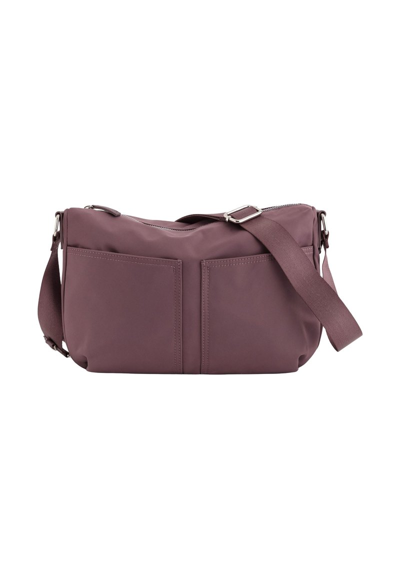 Lilla nylon crossbody taske med lynlås, som har to frontlommer, en flad rem og diskret syninger.