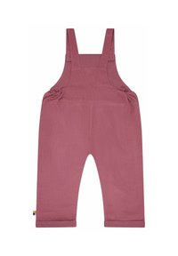 Salopette in corda malva per bambini con spalline regolabili e orli arrotolati, esposte piatte su uno sfondo bianco.