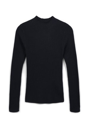 Maglione nero a maniche lunghe con scollatura alta e silhouette aderente, posato su uno sfondo bianco.