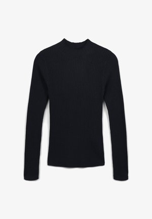 Pull en maille côtelée noir à manches longues avec col montant et silhouette ajustée, posé à plat sur un fond blanc.