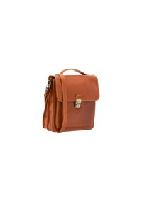 Valigetta in pelle marrone con chiusura a patta, manico superiore, cinturino regolabile per la spalla e cuciture a contrasto. Caratterizzata da una chiusura a lucchetto e un design elegante.