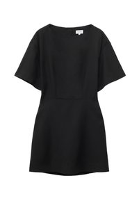 Robe noire à manches courtes avec un col rond et une jupe légèrement évasée sur fond blanc uni.