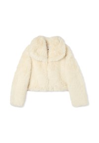 Giacca corta in pelliccia sintetica bianca con ampio colletto e maniche lunghe, caratterizzata da una morbida texture e senza chiusure visibili.