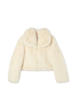 Giacca corta in pelliccia sintetica bianca con ampio colletto e maniche lunghe, caratterizzata da una morbida texture e senza chiusure visibili.