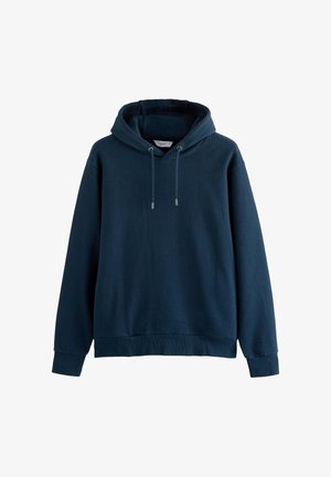 Marineblauer Kapuzenpullover mit Rippstruktur, Kordelzugverschluss und Kängurutasche. Weicher Stoff mit lockerem Schnitt.