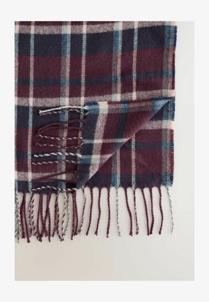 Rutig tæppe i burgunder, marineblå og creme med frynser. Blød tekstur, vævet stof, markante diagonale striber og ternet mønster.