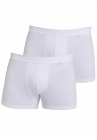 White cotton boxers featuring a soft elastic waistband, a snug fit, and minimal stitching details, presented in a pack of two.