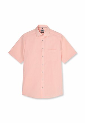 Hellrosa kurzärmeliges Hemd mit Knopfleiste vorne, einer Brusttasche und klassischem Kragen, flach auf weißem Hintergrund liegend.