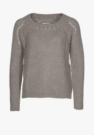 Grå strikket sweater med lange ærmer, ribkant ved ærmer og kant samt små hulmønstre langs raglanærmer og halsudskæring.