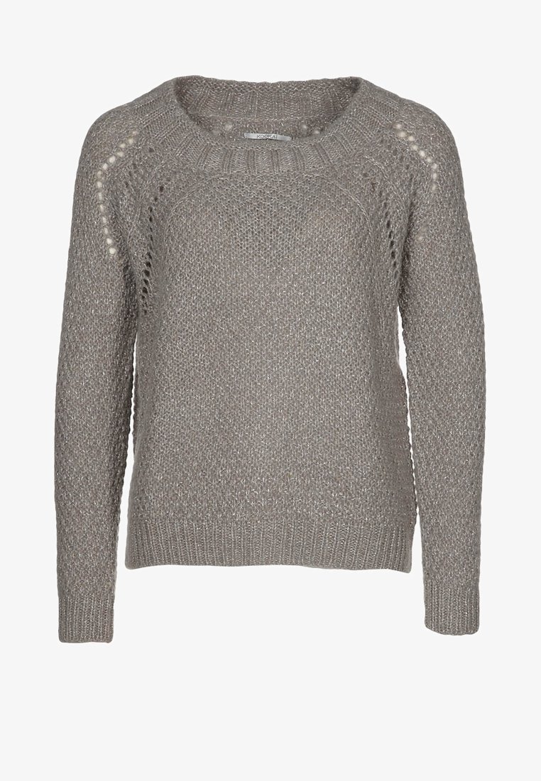 Pull en maille gris avec manches longues, poignets et ourlet côtelés, et petits détails ajourés le long des manches raglan et de l'encolure.
