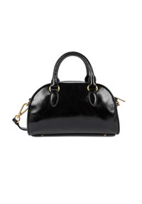 Sac à main en cuir noir avec une forme arrondie, deux poignées supérieures, une bandoulière amovible et des accents en métal doré.
