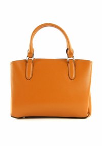Sac à main en cuir orange avec deux poignées supérieures, une texture lisse et une forme rectangulaire structurée. Éléments en métal argenté.