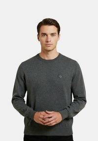 Maglione grigio in tessuto morbido e strutturato, con scollo rotondo e polsini a costine, con un piccolo dettaglio logo sul petto.