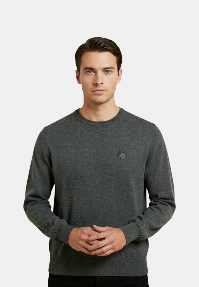 Maglione grigio in tessuto morbido e strutturato, con scollo rotondo e polsini a costine, con un piccolo dettaglio logo sul petto.