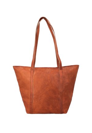 Hnedá kožená taška cez rameno s širokým otvoreným vrchom, dvoma dlhými rúčkami a hladkým, drsným povrchom. Jemné krivky na spodnej strane a minimálne šitie.