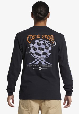 Black long-sleeve t-shirt featuring cosmic graphics in orange and lavender, with text and celestial designs on the back and sleeves.