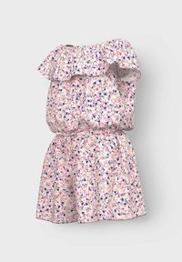 Robe florale décolletée en rose, avec un col à volants et une jupe courte. Le matériau est léger avec un motif floral multicolore.