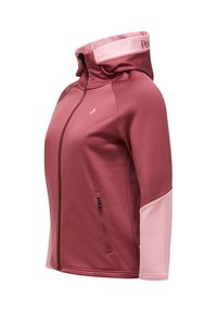 Roza jopa s kapuco na zadrgo in visokim ovratnikom, z svetlejšo roza poudarkom na rokavih ter majhnim logotipom na levi rami.