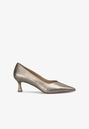 Metallic beiger Pumps mit spitzer Zehe, glatter Textur, niedrigem skulpturalem Blockabsatz und minimalistischen Design.