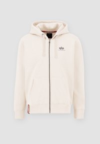 Crèmekleurige zip-up hoodie met capuchon met trekkoord, kangoeroezakken en een logo op de linkerborst. Gemaakt van zacht materiaal met geribde manchetten.
