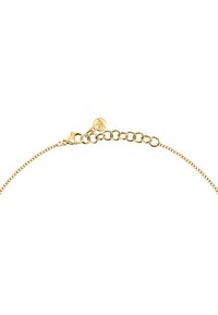 Bracciale in oro con un design fine e a maglie. Presenta un gancio a moschettone e un piccolo ciondolo con motivo a foglia sulla chiusura.