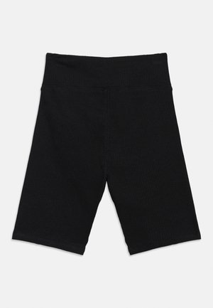 Pantaloncini neri a coste, vita alta, lunghezza al ginocchio, con una fascia elastica larga in vita, distesi su uno sfondo bianco.