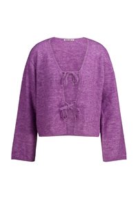 Purple cropped cardigan made of soft, textured knit, featuring a deep V-neck and two tied front closures. Long, wide sleeves.