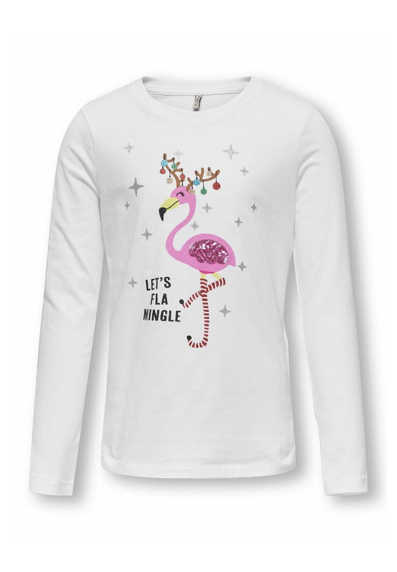 Chemise blanche à manches longues présentant un flamant rose avec des cornes et des ornements, et le texte « LET'S FLA MINGLE » en dessous, entouré d'étoiles argentées.