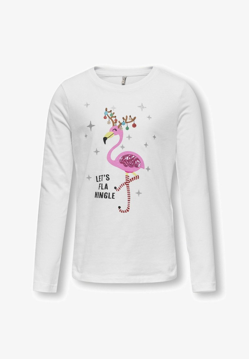 Chemise blanche à manches longues présentant un flamant rose avec des cornes et des ornements, et le texte « LET'S FLA MINGLE » en dessous, entouré d'étoiles argentées.