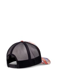 Black mesh back cap with a colorful patterned front panel and flat brim. Features an adjustable snapback closure.