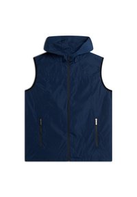 Gilet imbottito blu navy con cappuccio, dotato di zip anteriore e due tasche laterali con accenti neri. Tessuto liscio e leggero.