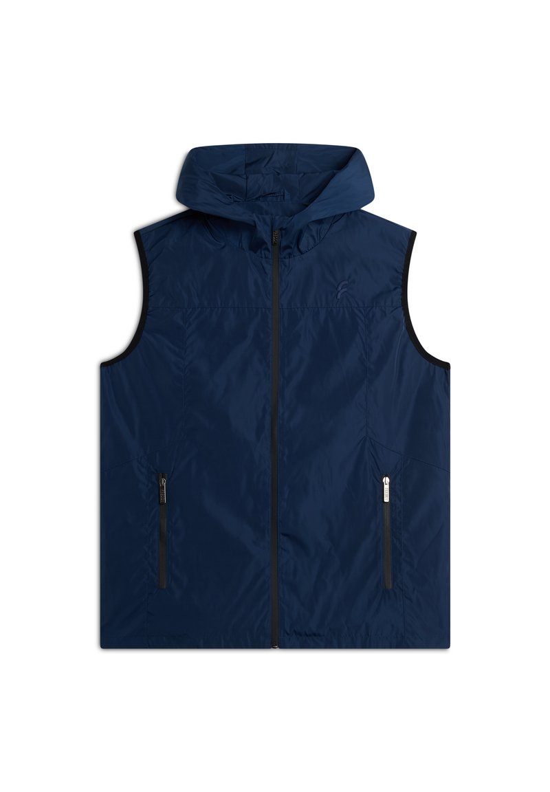 Gilet imbottito blu navy con cappuccio, dotato di zip anteriore e due tasche laterali con accenti neri. Tessuto liscio e leggero.