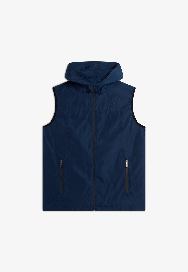 Gilet imbottito blu navy con cappuccio, dotato di zip anteriore e due tasche laterali con accenti neri. Tessuto liscio e leggero.