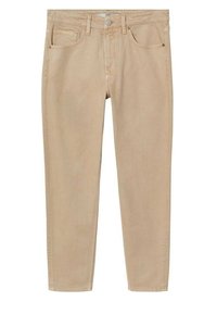 Jeans en denim beige à jambes droites avec poches avant et arrière, passants pour ceinture et fermeture par bouton à la taille.