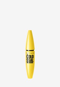 Tubetto di mascara giallo con una parte superiore conica, che presenta testo nero e giallo che legge "the COLOSSAL 100% BLACK" e "MAYBELLINE NEW YORK."